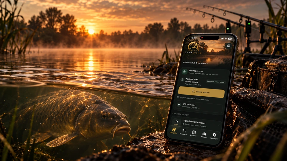 CarpAtlas at golden dawn: an atmospheric image with a carp in the water, fishing rods and an iPhone on the bank.