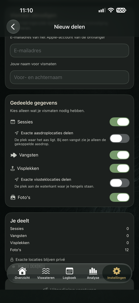 Deelkeuzes voor sessies, vangsten, visplekken, foto’s en exacte locaties